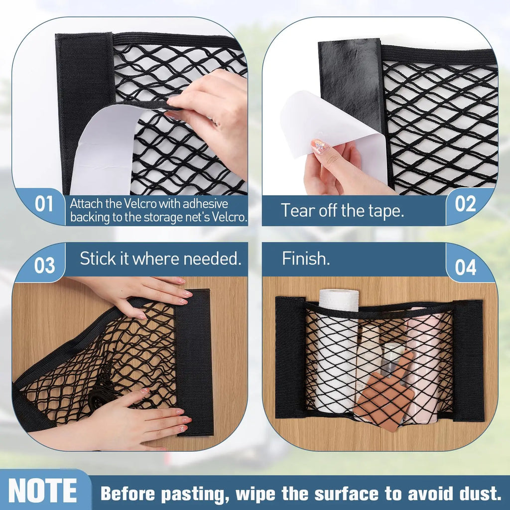 Car Trunk Net Car Double Storage Network Bag Auto Seat Back Fixed Mesh Pocket Universal Car Elastic Velcro Straps Net Organizer