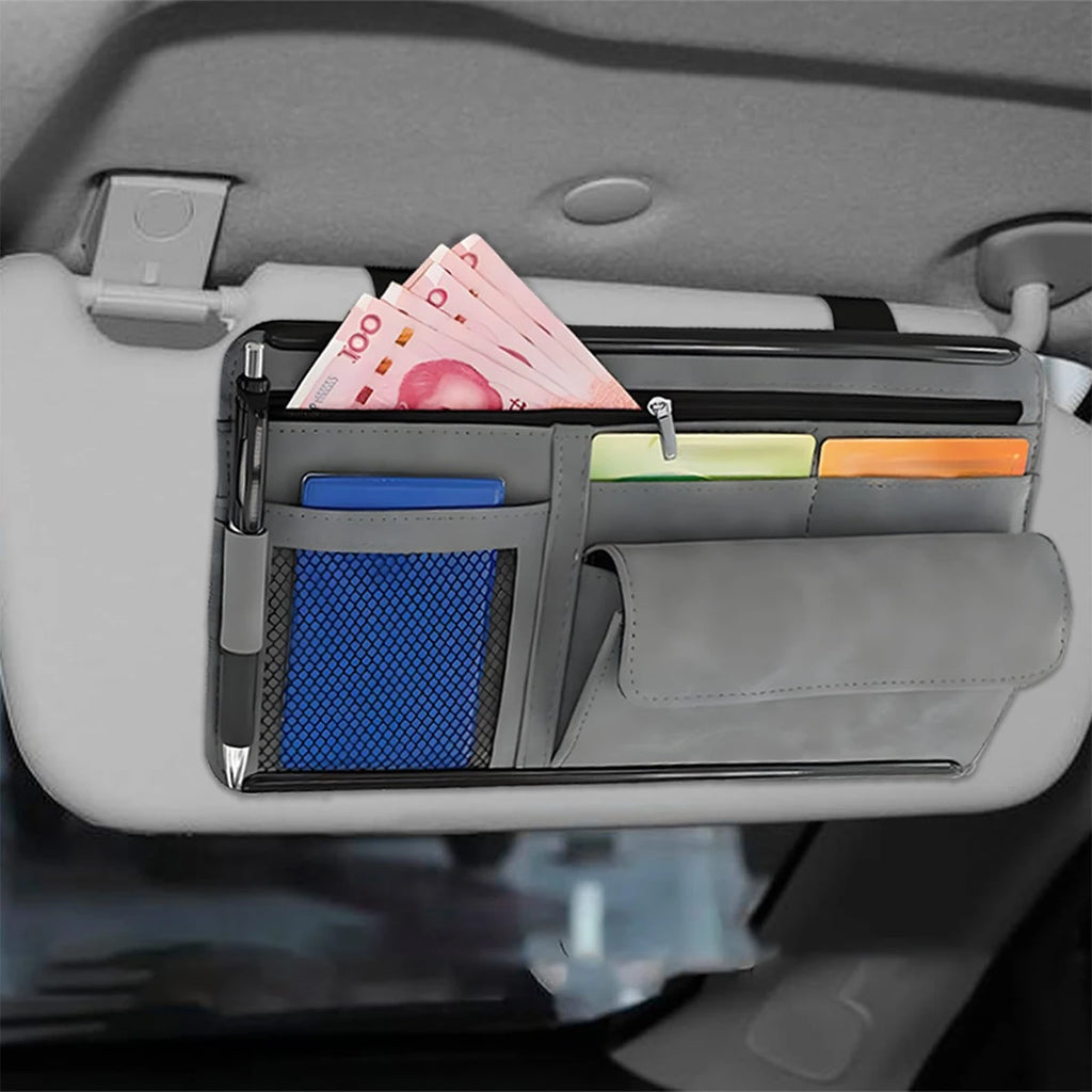 Multi-Pocket Car Sun Visor Organizer, Hanging Holder for Cards, Phones, Glasses and Pens to Store Small Vehicle Belongings