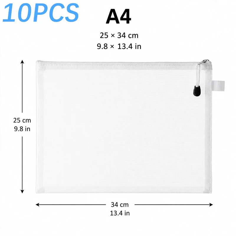 10PCS Storage Bag Miscellaneous Organizer A4 A5 A6 Mesh Zipper Pouch Waterproof Children Zipper Transparent Finishing Storage