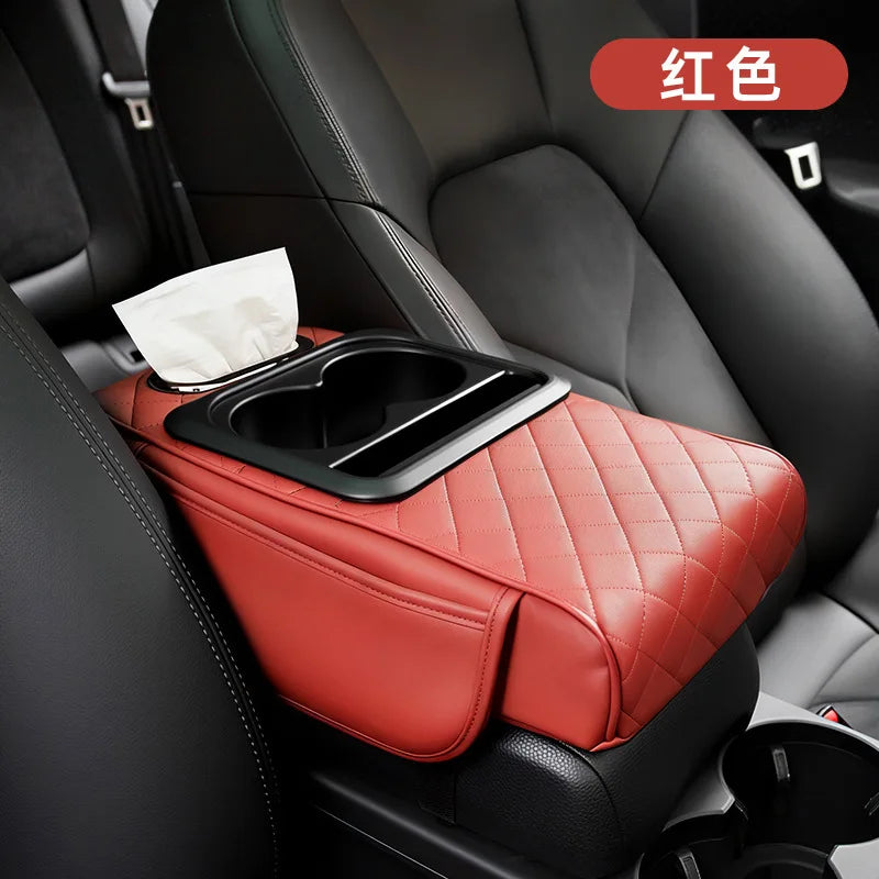 5 in 1 Middle Console Storage Box with Cup Holder Car Armrest Cushion Pad with Tissue Box Luxury Waterproof Interior Accessory