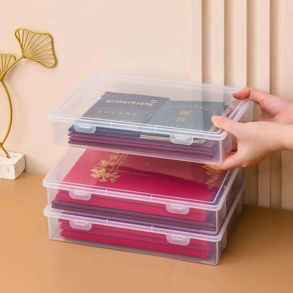Stackable Clear A4 Document Storage Box Latch Lid Plastic Desktop Organizer Home Office Certificate Paper File Protection Holder