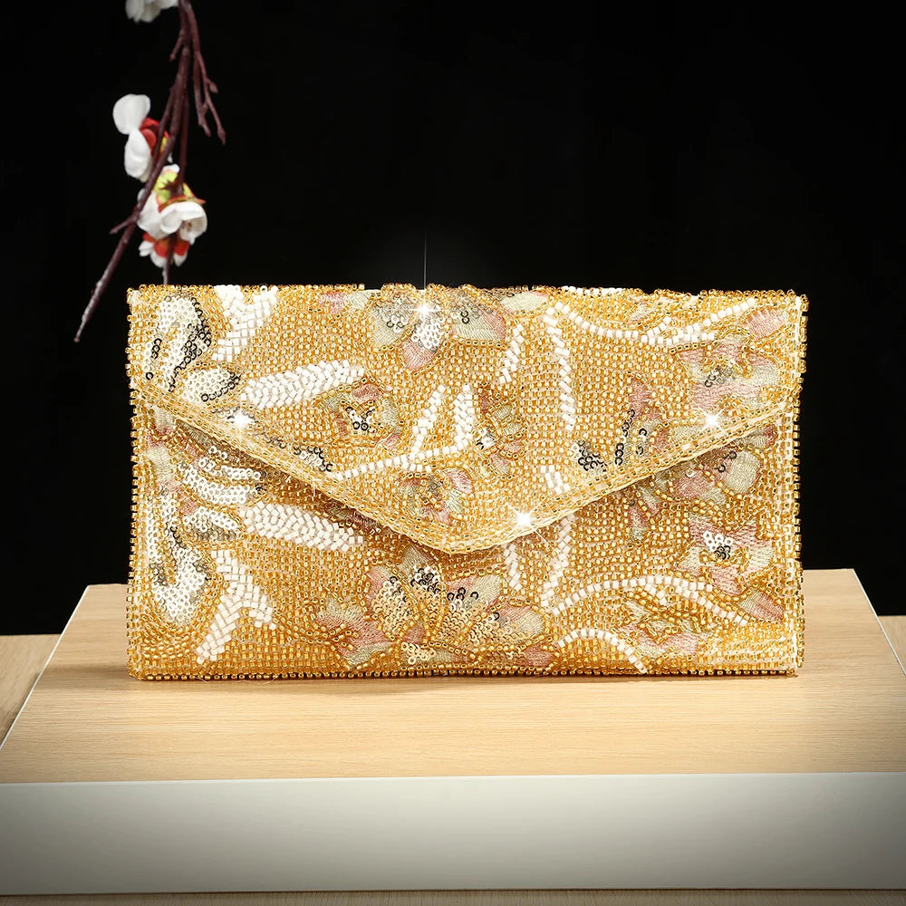 Heavy-duty sequin embroidered evening bag with embroidered flowers, versatile wedding banquet dress handbag for all occasions