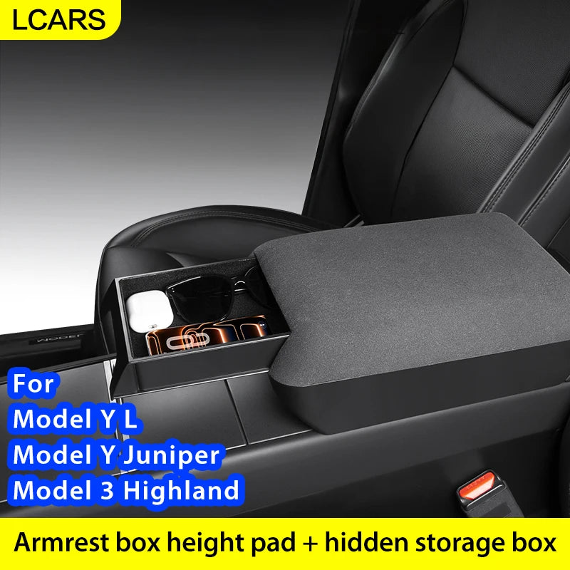 Lcars Special Car-Specific Armrest Box Suitable for the New Tesla Model Y/Yl/3 Original Armrest Box, Height-Increasing Storage Box, Suede Armrest Box Height-Increasing Storage Organizer