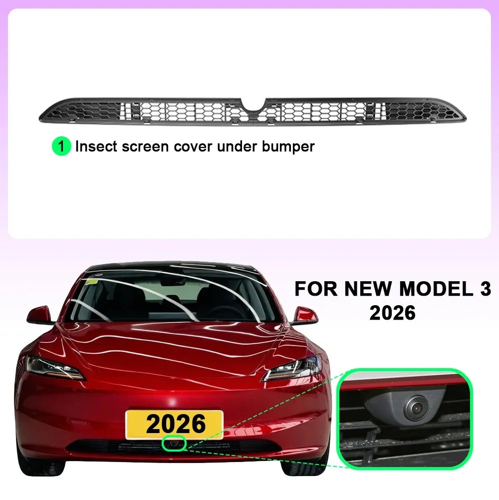 TESY Anti-Insect Net Radiator Mesh with Camera Cutout Design for Tesla New Model 3 Highland 2026 Lower Bumper Intake Grille