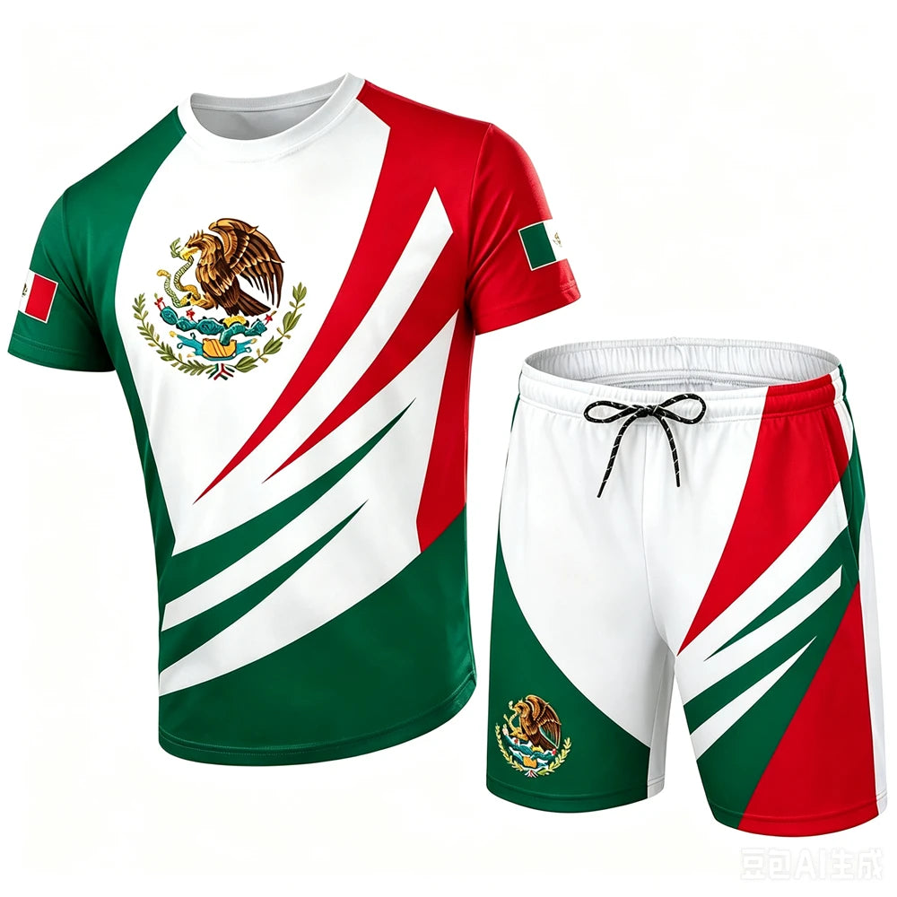 Mexico National Flag Pattern Men's Sets Fashion 3D Eagle Printing Short Sleeve Tees and Shorts 2 Piece Casual Loose Summer Suits