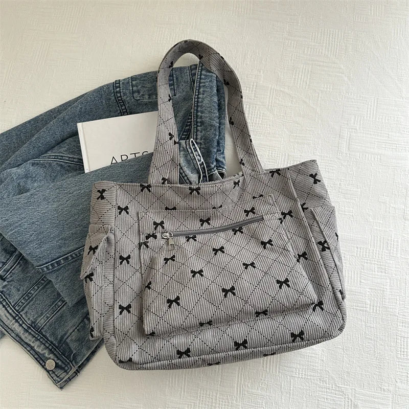 Large Capacity Corduroy Casual Tote Bags For Ladies, Casual Bow Pattern Commuting Handbags Women's For Shopping