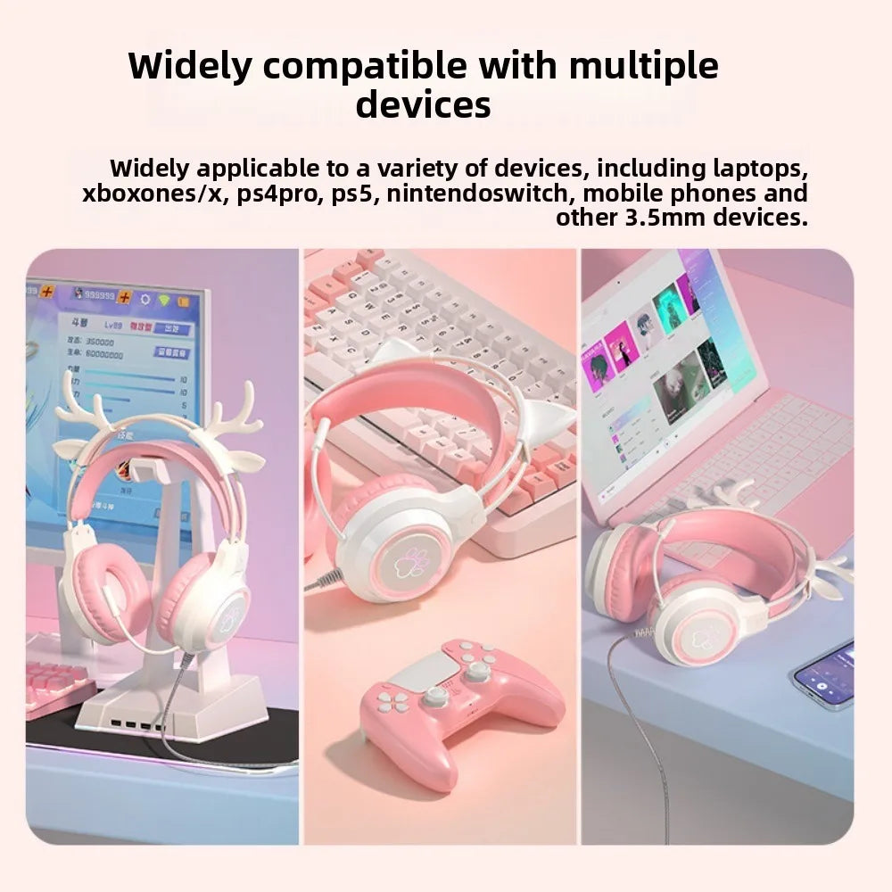 RGB Gaming Earphones with High-Definition Flexible Microphone 3.5mm Gaming Earphones Detachable Cat Ears and Deer Antlers