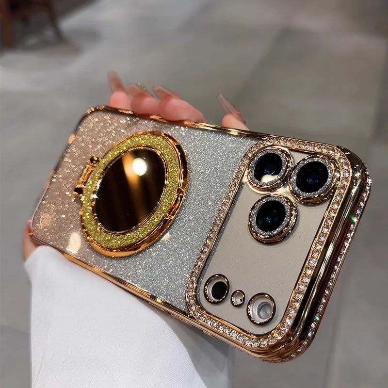 Gradient Glitter Diamond Magnetic Case For iPhone 17 16 15 14 13 12 11 ProMax Plus For Magsafe Mirror Stand Cover For iPhone Air