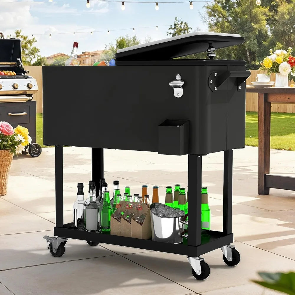 Portable Wheeled Patio Cooler Cart,Bottle Opener & Drainage,Outdoor Beverage Ice Chest, Custom