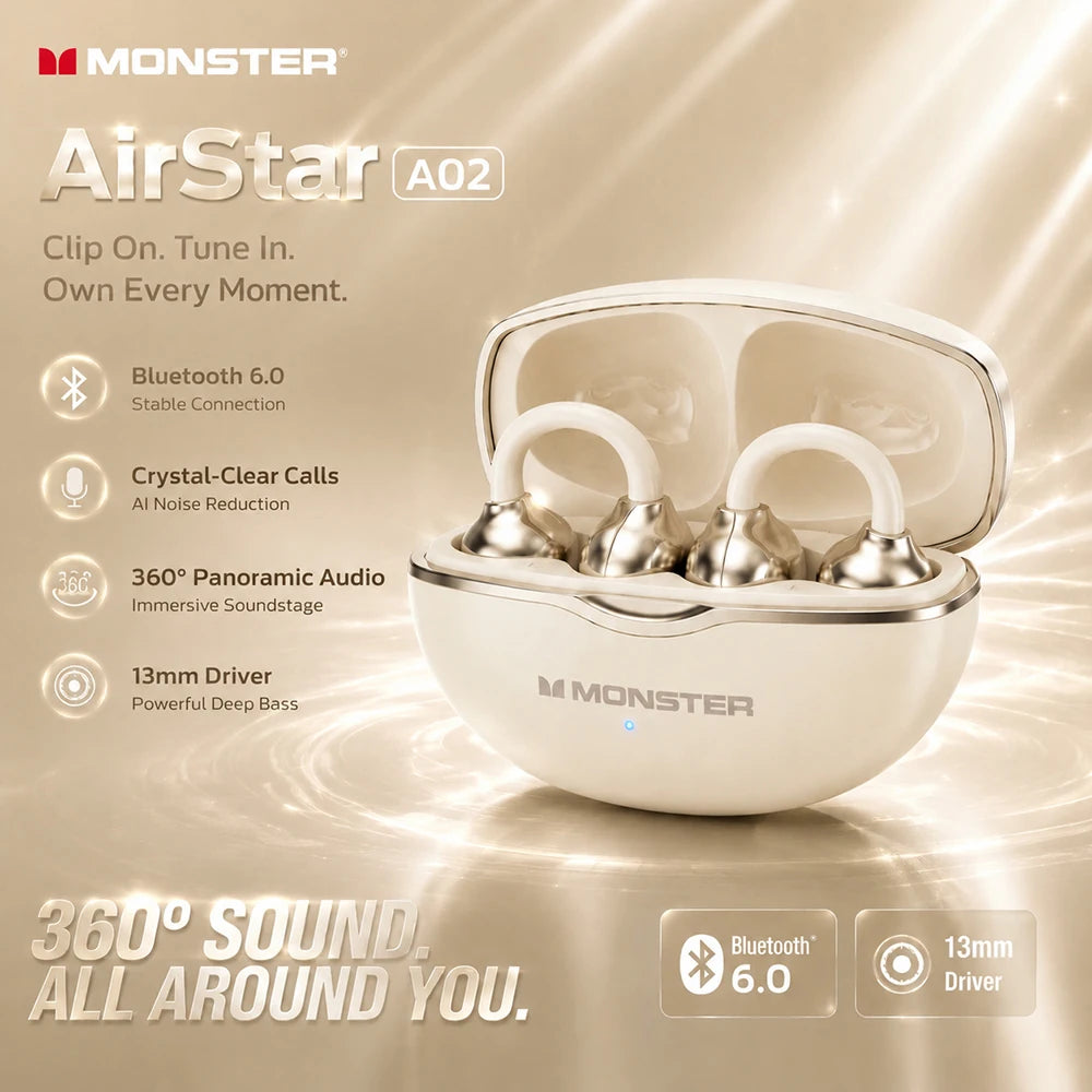 Monster Airstar A02 OWS Bluetooth 6.0 Ear Clip Headphones HiFi Stereo Sport Earbud Open Ear Air Conduction TWS Wireless Earphone