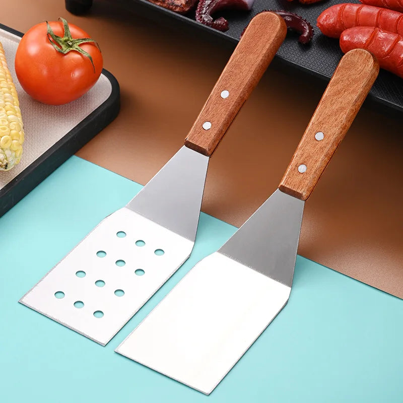 Stainless Steel Square Head Steak Cooking Spatula Wood Handle Pizza Shovel Pancake Beef Turner Scraper BBQ Utensils For Kitchen