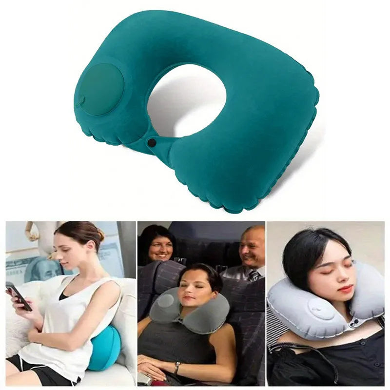 Car Portable Neck Protection U-shaped Compression Inflatable Pillow, Outdoor Nap, Camping, Travel Flocking PVC Airplane Pillow