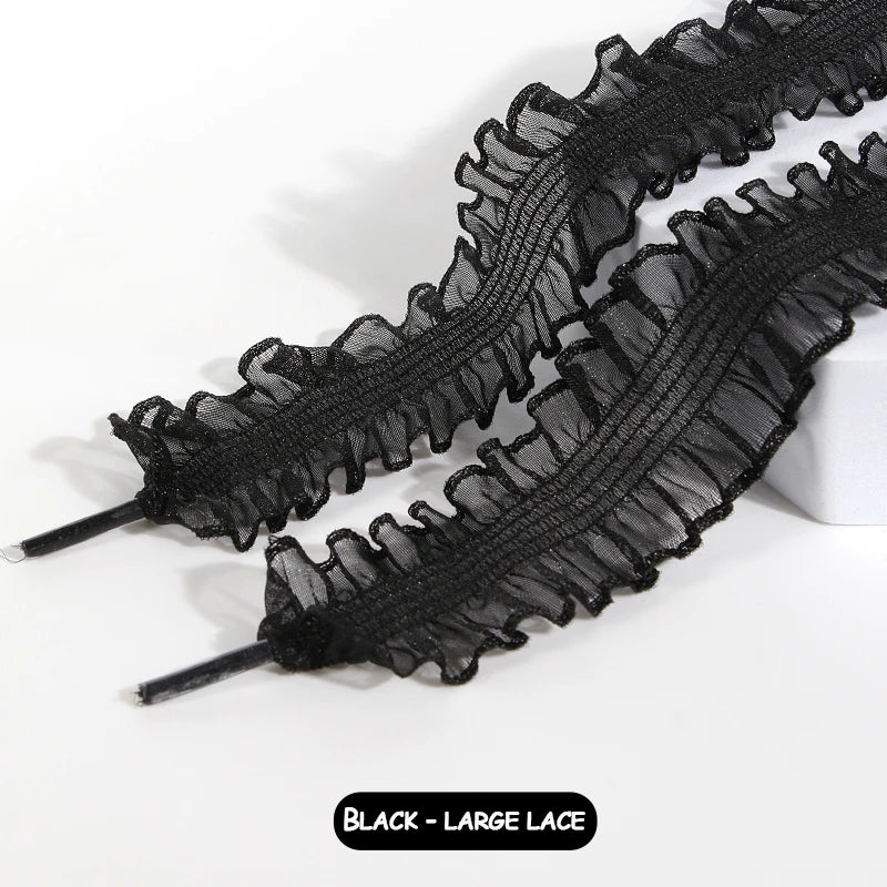 1 pairs Elastic Lace Shoelaces with Ruffled Trim - Fairy wind shoelaces with wooden ear edge（white/black）