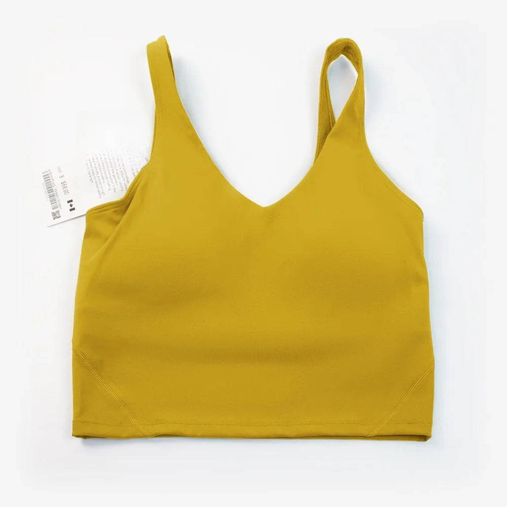 Women's yoga vest with U-shaped straps and built-in breast pads, offering a bare-skin feel suitable for fitness and exercise.