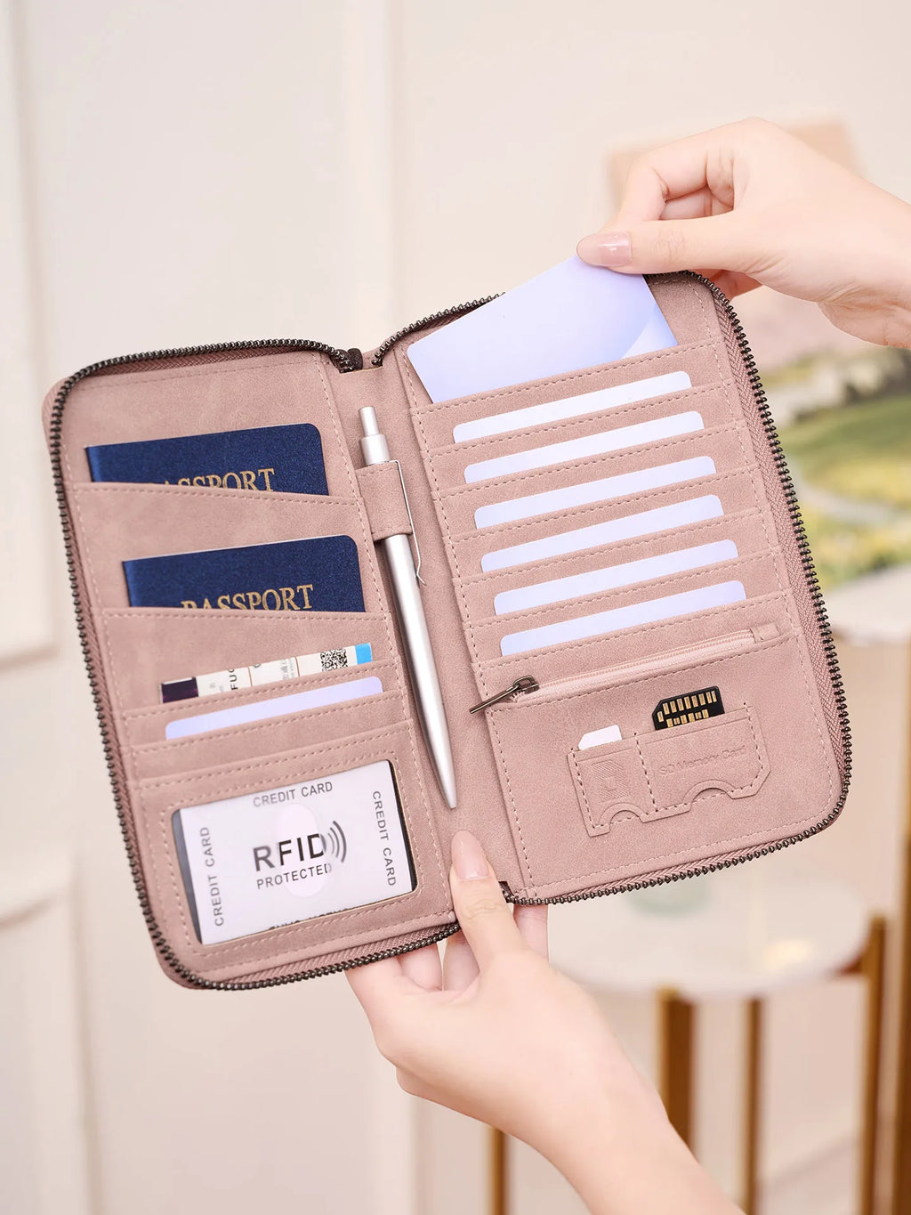 Multi-Functional RFID Blocking Passport Bag Travel Document Holder with Long Zipper Ticket Storage Wallet for Multiple Passports