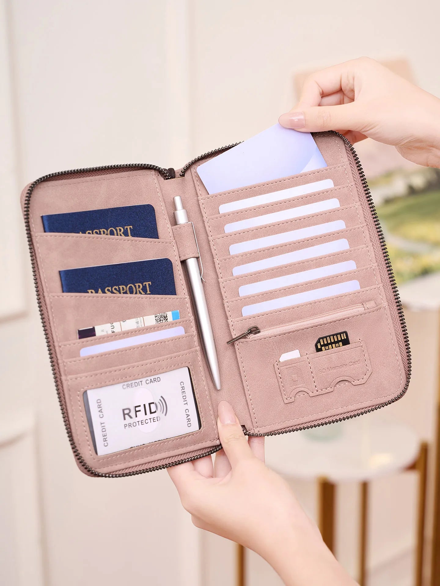 Multi-Functional RFID Blocking Passport Bag Travel Document Holder with Long Zipper Ticket Storage Wallet for Multiple Passports