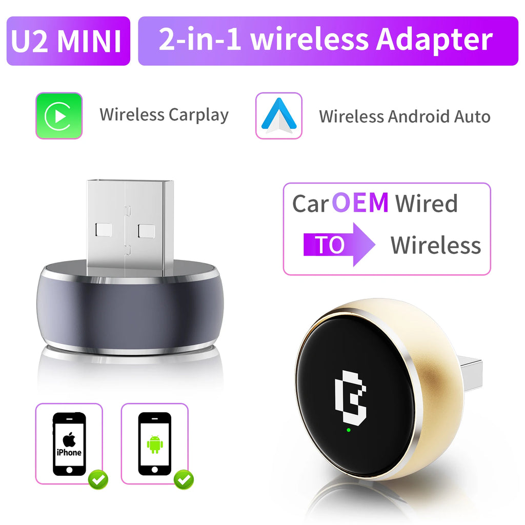 2025 BRUXE U2 MINI 2IN1 Wired to Wireless Android Auto CarPlay Adapter Plug and Play Support Phone Call Navigation Bluetooth
