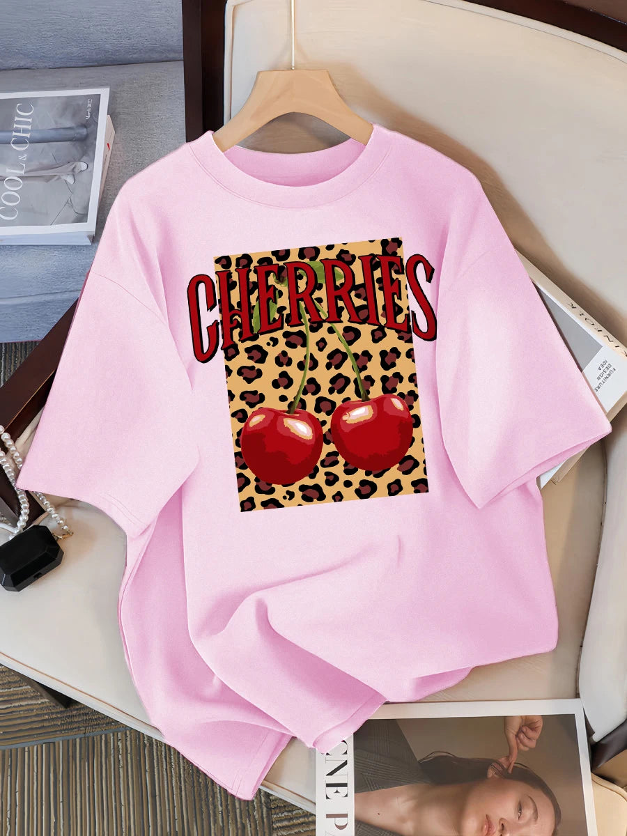 Plus Size Leopard Cherry Creative Design Womens Tee Shirts Casual T Shirt Summer O-Neck Streetwear Soft Oversized Short Sleeve