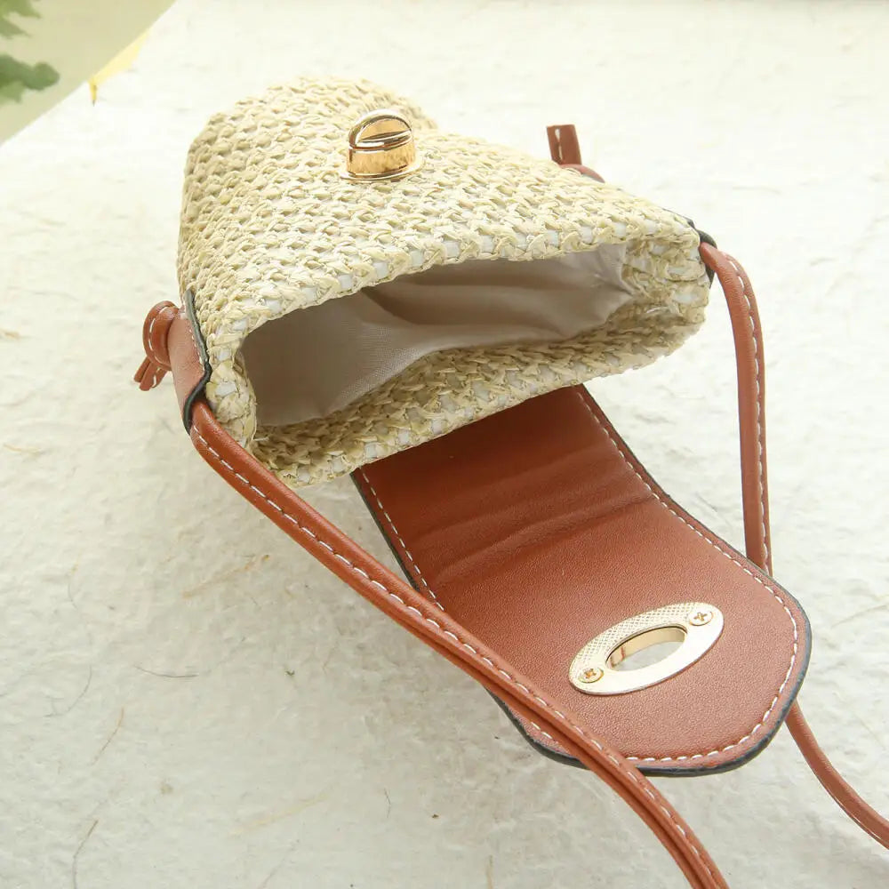 Custom Gold Embroidery Name Mini Straw Crossbody Bag Summer Woven Earphone Lipstick Storage Purse Tiny Leather Flap Shoulder Bag
