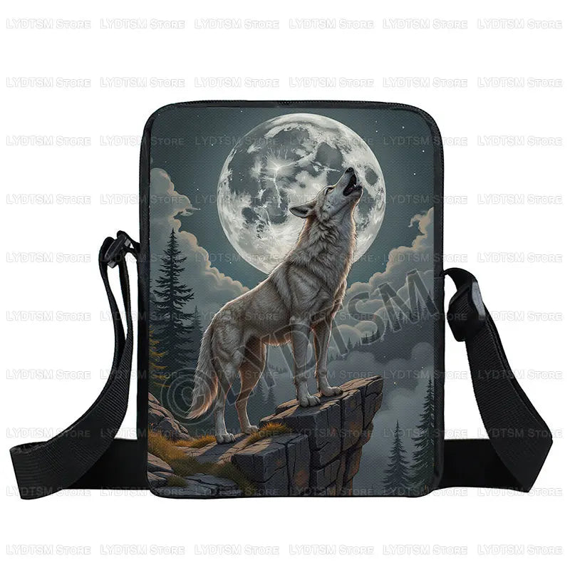 Cool Moon and Howling Wolf Print Crossbody Bag Women Handbag Student Bookbags Phone Wallet Holder Messenger Bags Gift