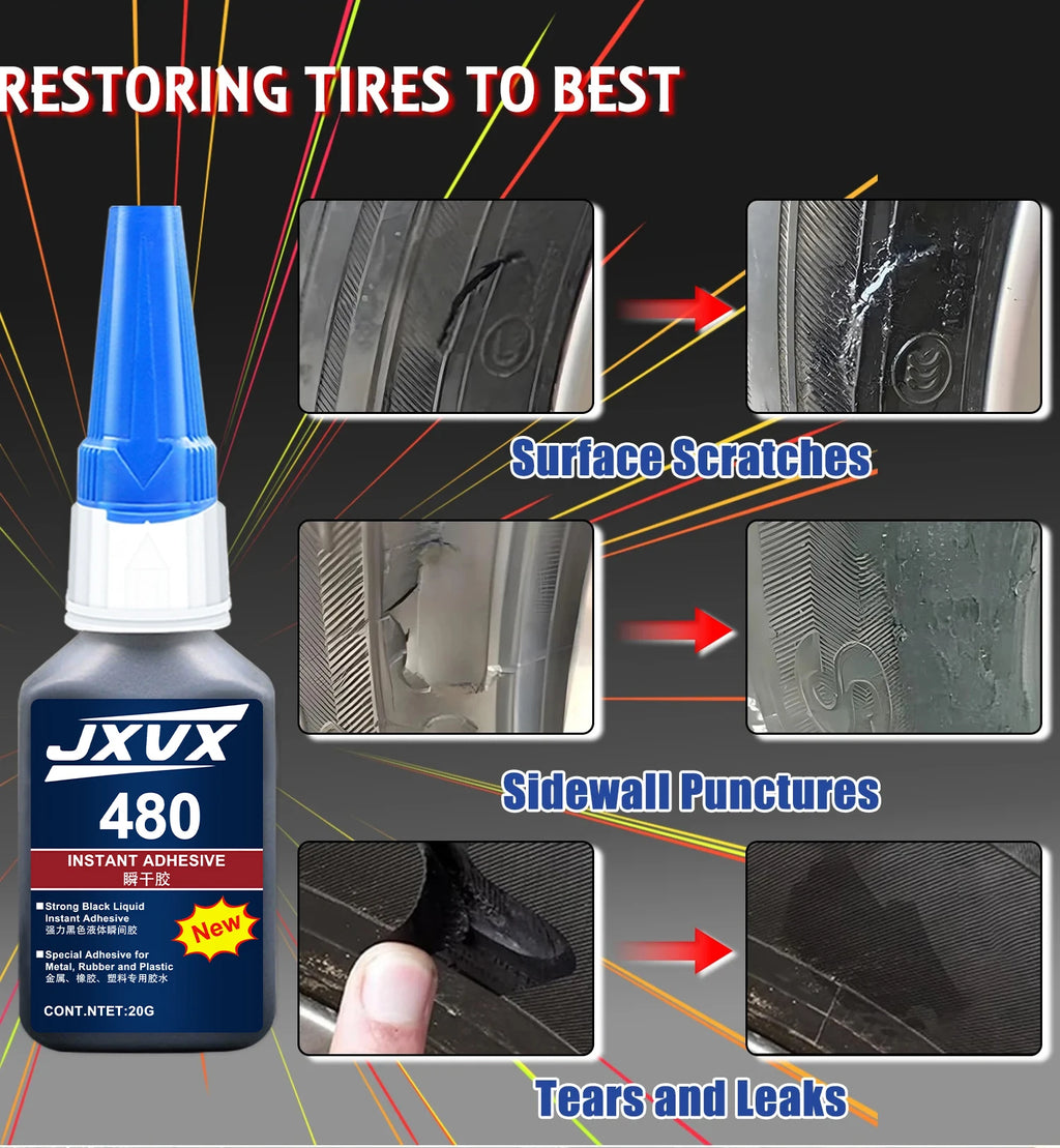 480 Black Automotive Sealing strip Repair Super Strong Glue Instant Quick-drying Black Cyanoacrylate Thick Adhesive Specially Formulated for Rubber, Leather, Tires, and Plastics Strong Bond Liquid Glue Tool With precis
