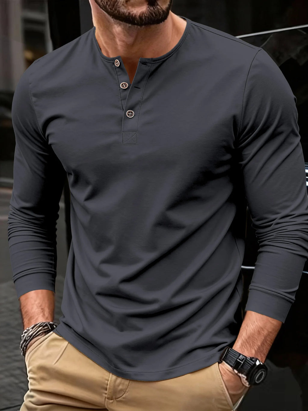 Men's Summer Casual Long Sleeve Henry Neck T Shirts Fashion Basic Solid Color Button Tees Polo High Quality Male Cozy T-shirts