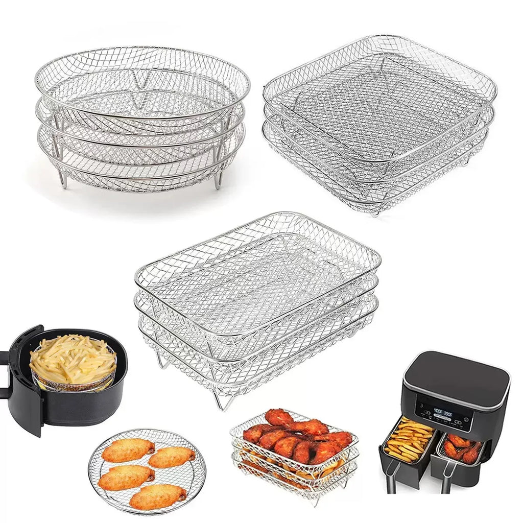 New Durable Stackable Air Fryer Rack Non-Stick Stainless Steel Airfryer Tray Grill Basket Kitchen Gadgets