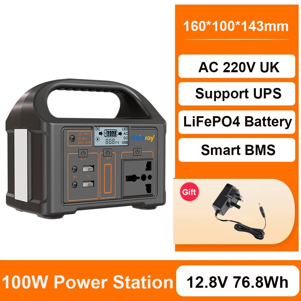 Gaiaray Portable Power Station 100W Solar Generator 76.8Wh LiFePO4 Battery Charging Station AC 220V 110V Power Bank For Camping