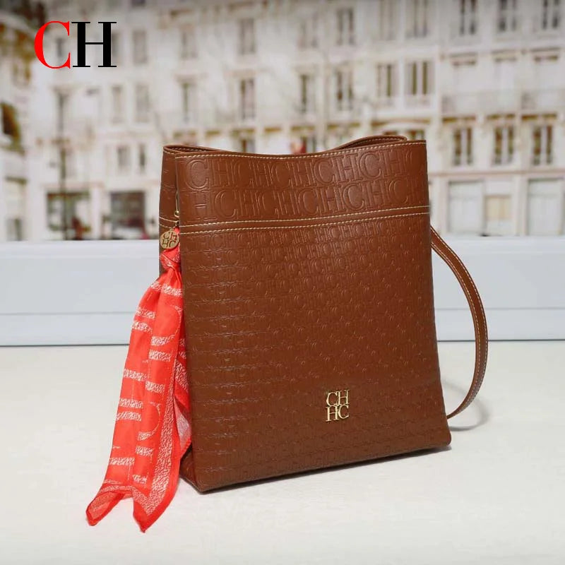 CH Bucket Bag Women Luxury Crossbody Bag Large Capacity Leather Shoulder Handbag With Silk Scarf Vintage Daily Commute Handbags