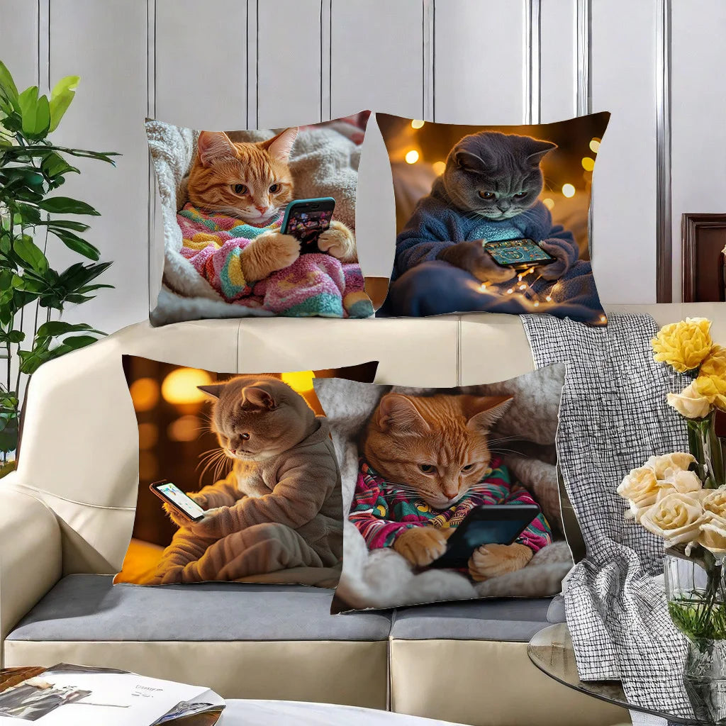 4-Piece Cute Theme Pillowcase Set – Featuring Cats Using Electronic Devices (Phones, Tablets, Laptops)