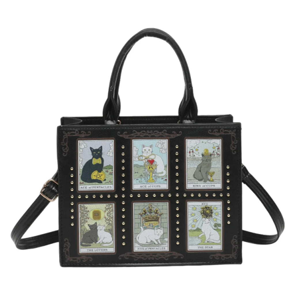 Cat Rivet Print Tote Bag For Women Crossbody Shoulder Handbag PU Leather Cat-themed Zippered Handbag Large Capacity Handle Purse