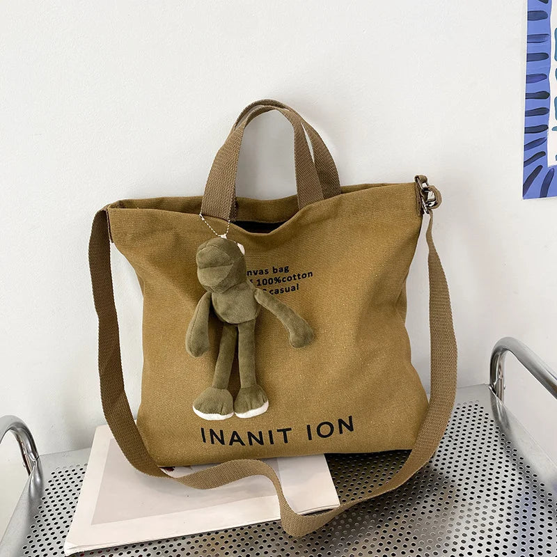 Washed canvas thickened handbag, large capacity trendy unisex crossbody bag, urban artistic student handbag and crossbody bag