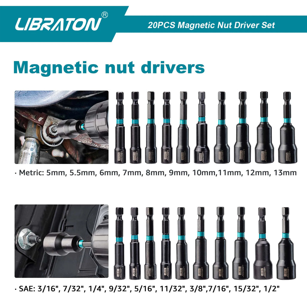 LIBRATON Magnetic Nut Driver, 20PCS Impact Drill Driver Bit Set 1/4" Metric 5-13mm & SAE Nut Driver 3/16''-1/2'' For Repair