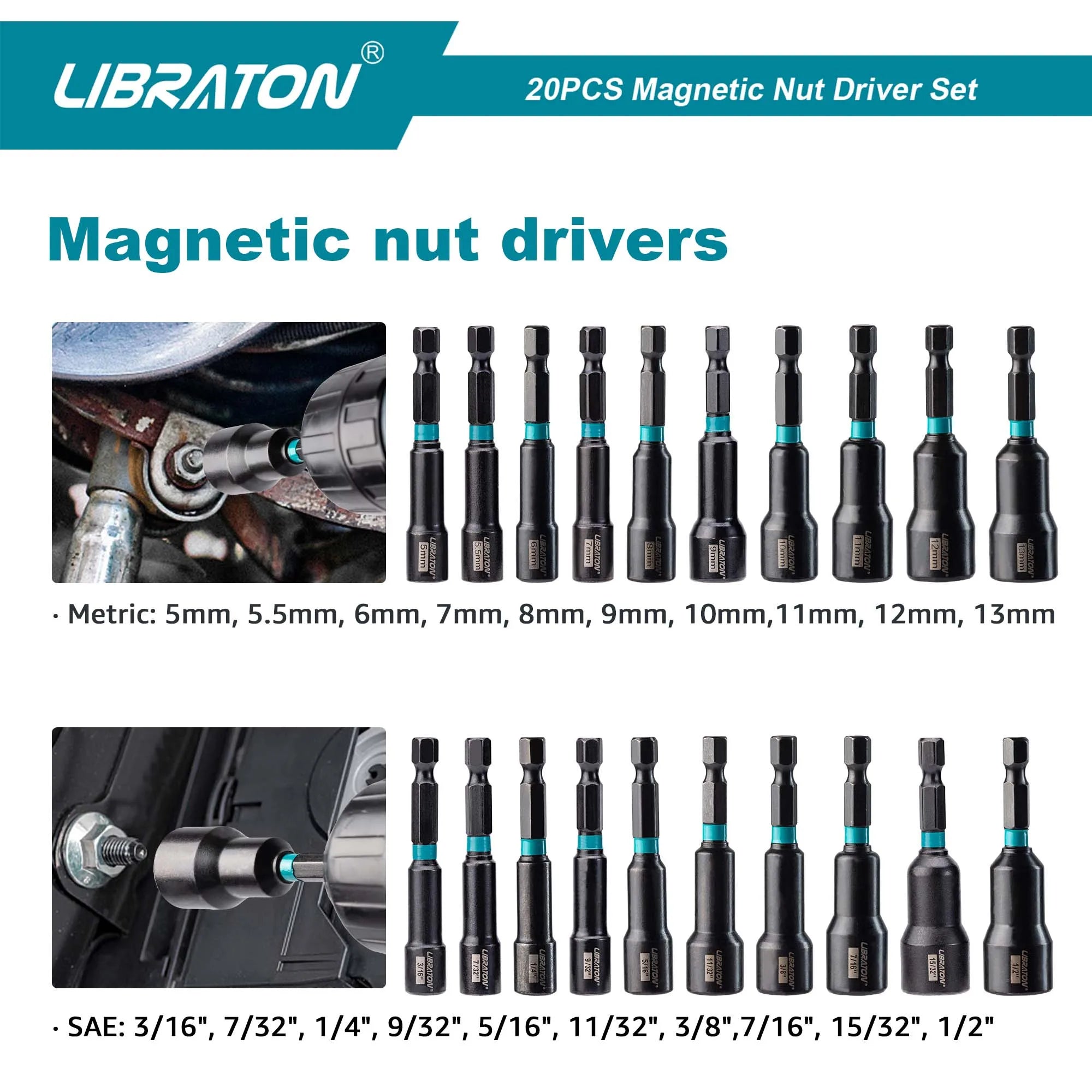 LIBRATON Magnetic Nut Driver, 20PCS Impact Drill Driver Bit Set 1/4" Metric 5-13mm & SAE Nut Driver 3/16''-1/2'' For Repair