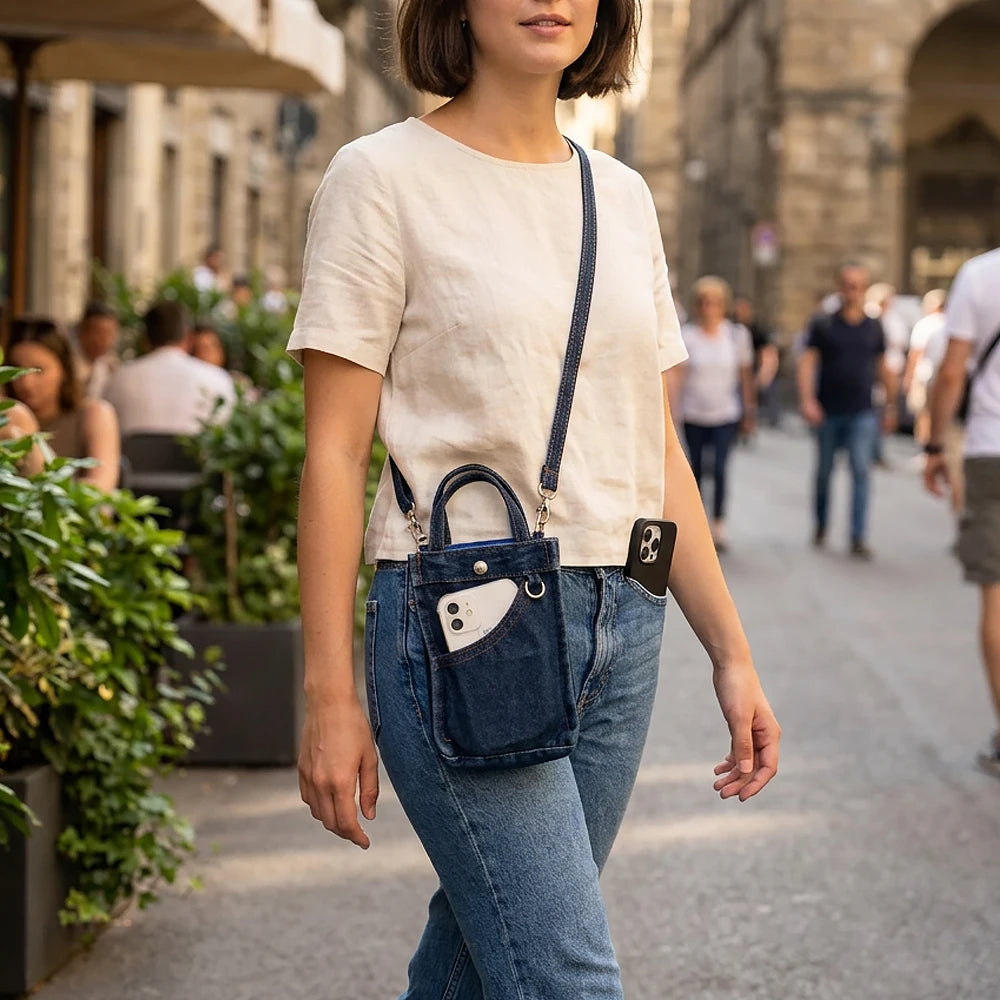Stylish denim women’s bag: an elegant crossbody clutch, a minimalist phone and key pouch, a trendy denim purse, perfect for youn