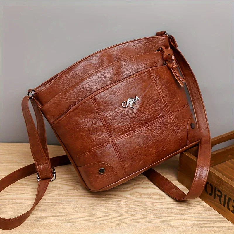 Retro Mini Crossbody Bag, Soft PU Leather Bucket Bag, Multi Layer Shoulder Purse with Interior Slot Pocket for Women Daily Use