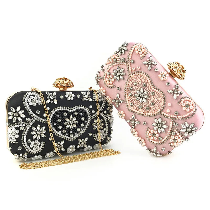 2025 Satin Vintage Women Party Evening Bags Metal Flower Luxury Diamonds Clutch Rhinestones Handbags Chain Shoulder Bag