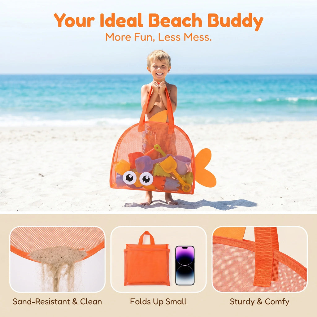 Kids Fish Shape Mesh Beach Bag Lightweight Toy Storage Bag Portable Handbag for Children Summer Seaside Pool Outdoor Organizer