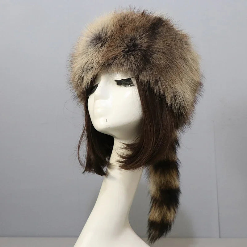 Autumn and Winter New Fashion Flat Top Russian Style Hat Warm Thicken Plush Raccoon Hat for Adult Kids Unisex Fur Hat Winter