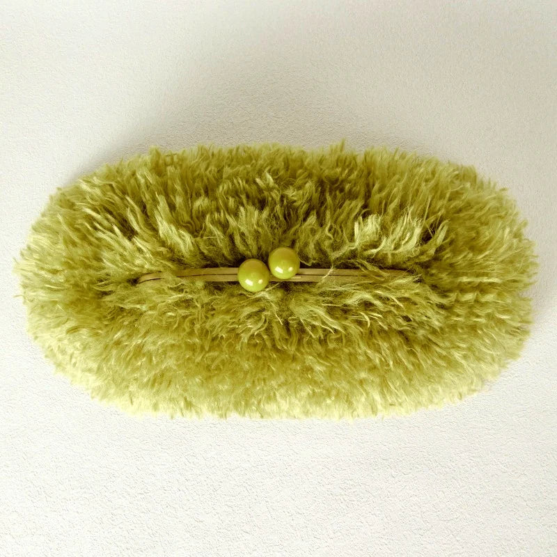Women Kisslock Faux Fur Clutch Bag Winter Warm fuzzy Pouch Frame Clasp Bag With Chain Crossbody Dark Grey Red Yellow
