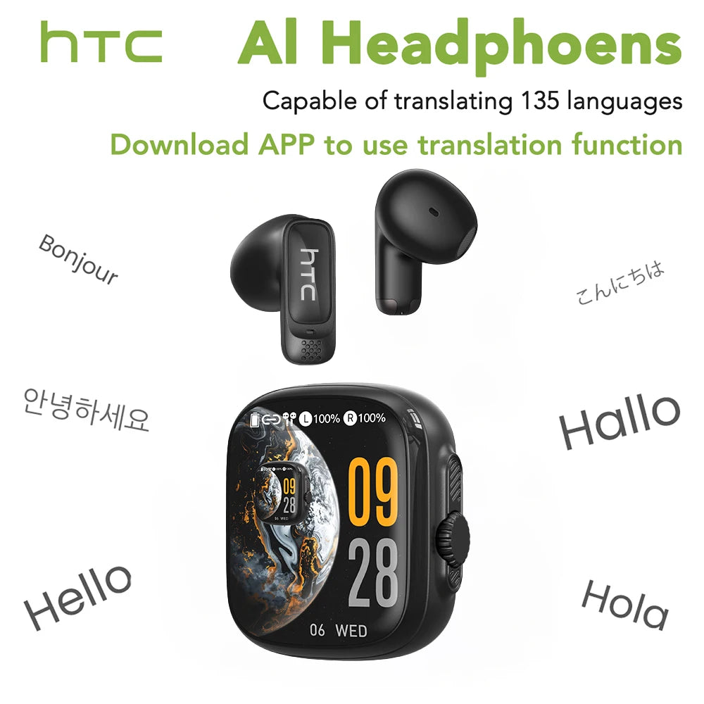 AI Translate Earphones HTC NE72 Wireless Bluetooth Earbuds LED Touch Screen HiFi Stereo Audio Noise Cancellation Technology