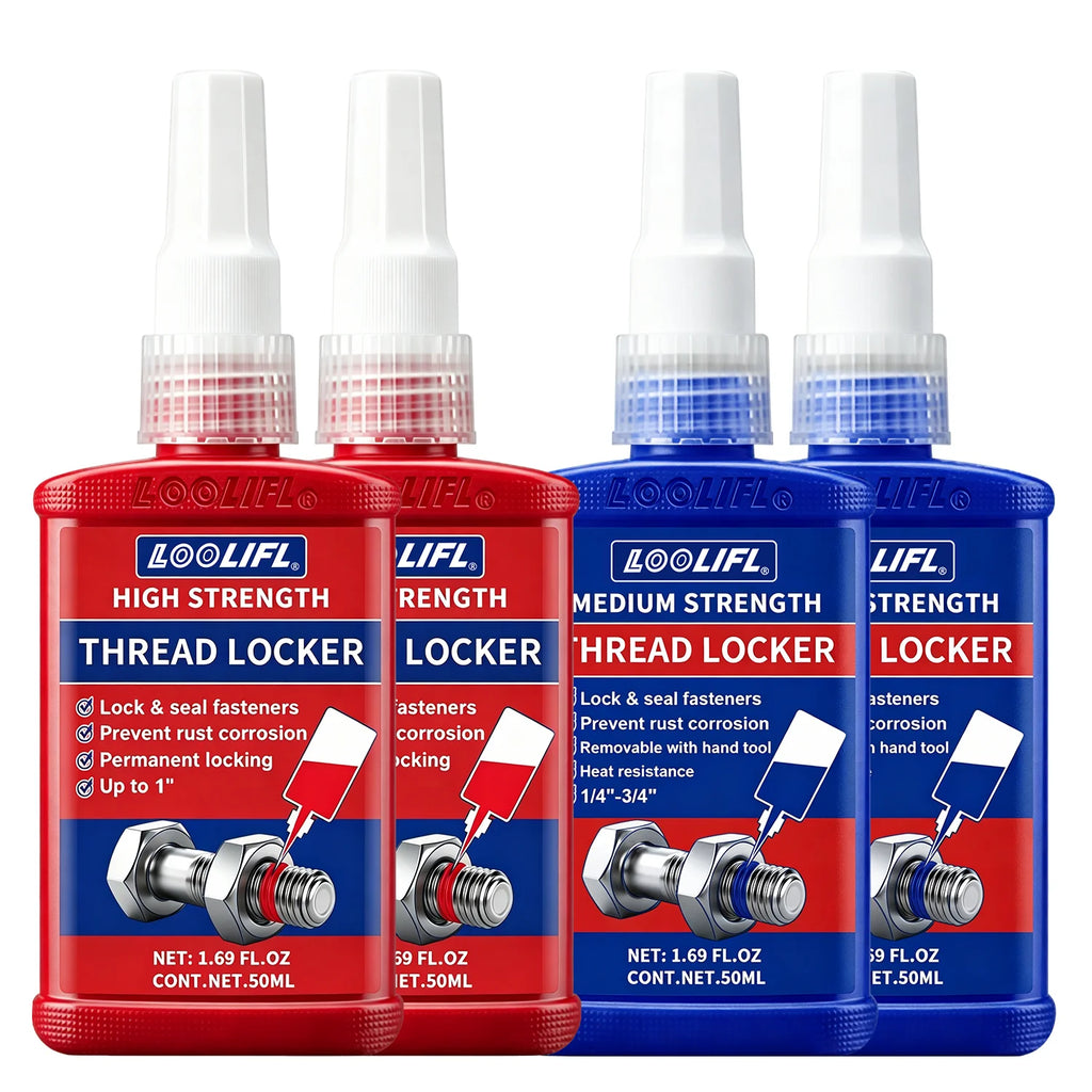 50ml Blue and red threaded locks, medium-strength threaded locks, nut, bolt, fastener, and metal threaded locks, oxygen-free curing screw adhesive to prevent loosening (blue and red)
