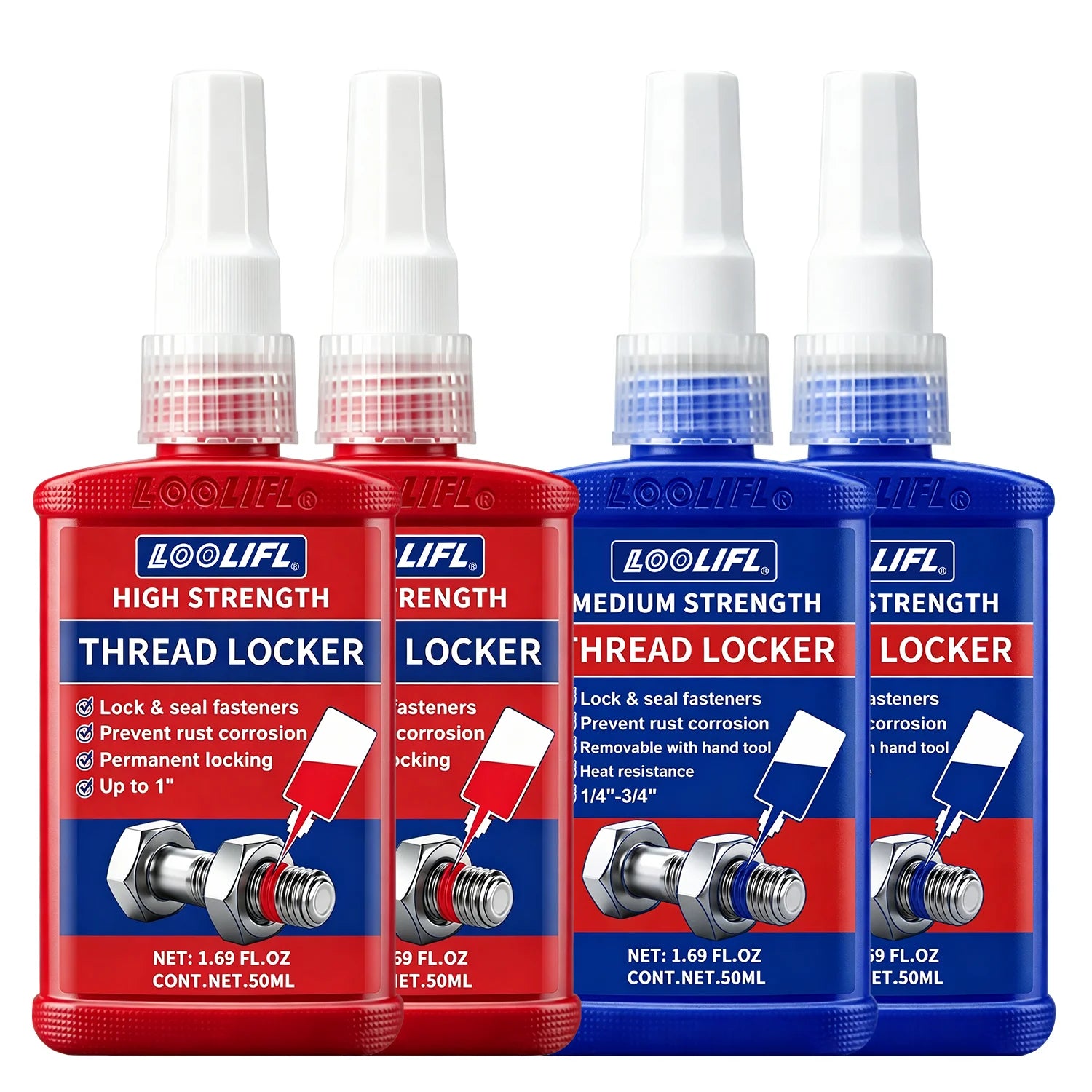 50ml Blue and red threaded locks, medium-strength threaded locks, nut, bolt, fastener, and metal threaded locks, oxygen-free curing screw adhesive to prevent loosening (blue and red)