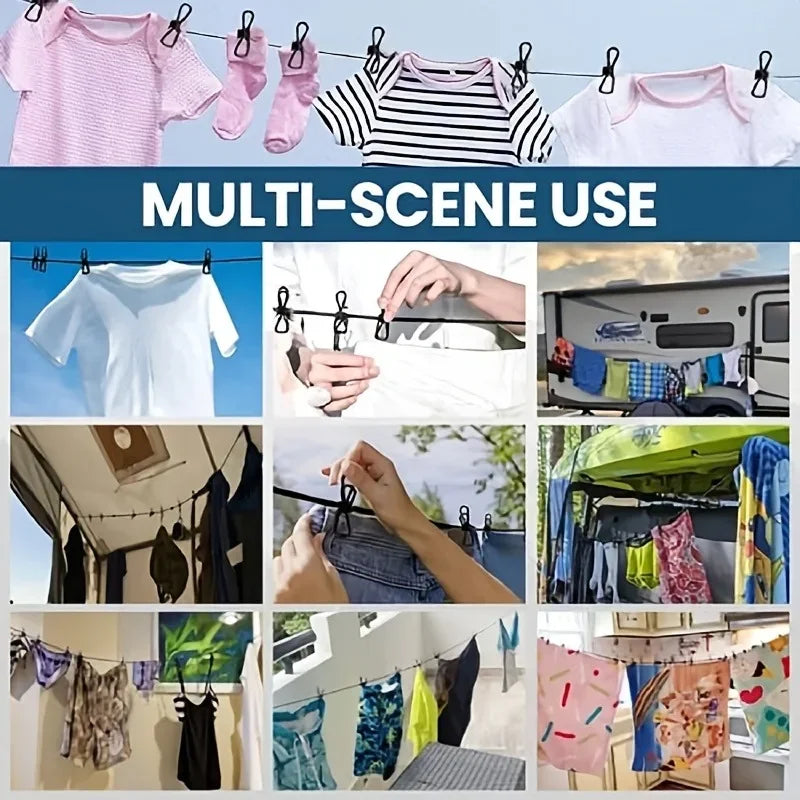 Outdoor Clip Clothesline Travel Portable Retractable Windproof Drying Rope with 12 Clips Hanger Clothesline