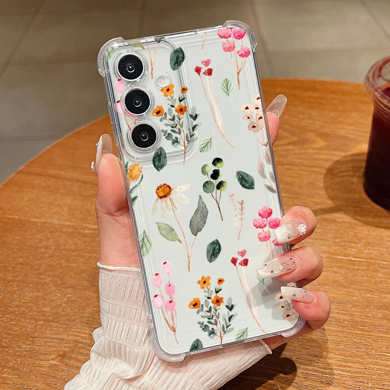 Colorful Flowers Pattern Clear Phone Case For Samsung Galaxy S26 S25 S24 S23 Ultra S22 Plus S21 S24 S25 FE Shockproof Soft Cover