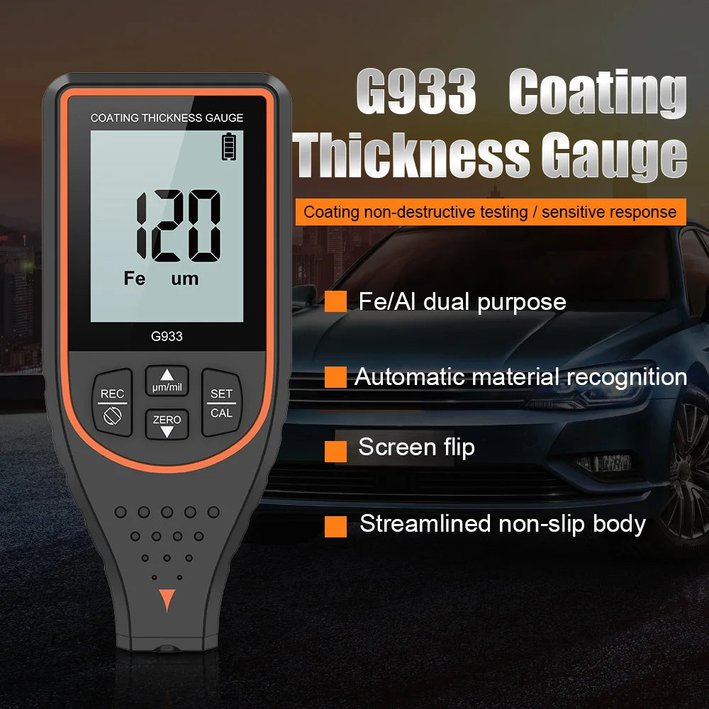 Digital Coating Thickness Gauge for Cars Fe/NFe Detection Backlit LCD Automotive Coating Thickness Tester Painting Test Gauge