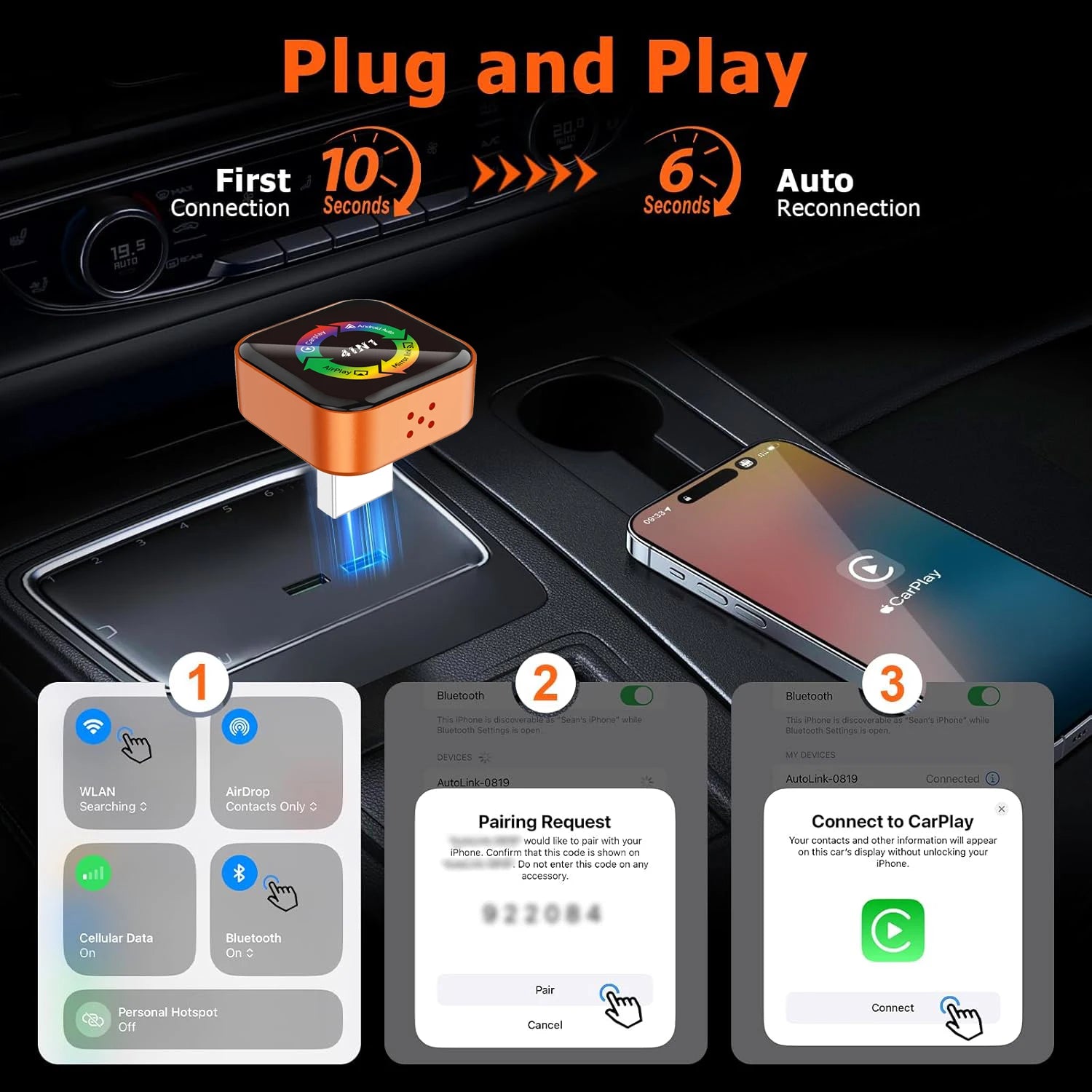 4-in-1 Wireless CarPlay Adapter with Screen Mirroring, Wi-Fi 6, CarPlay & Android Auto, iPhone & Android,Zinc Alloy