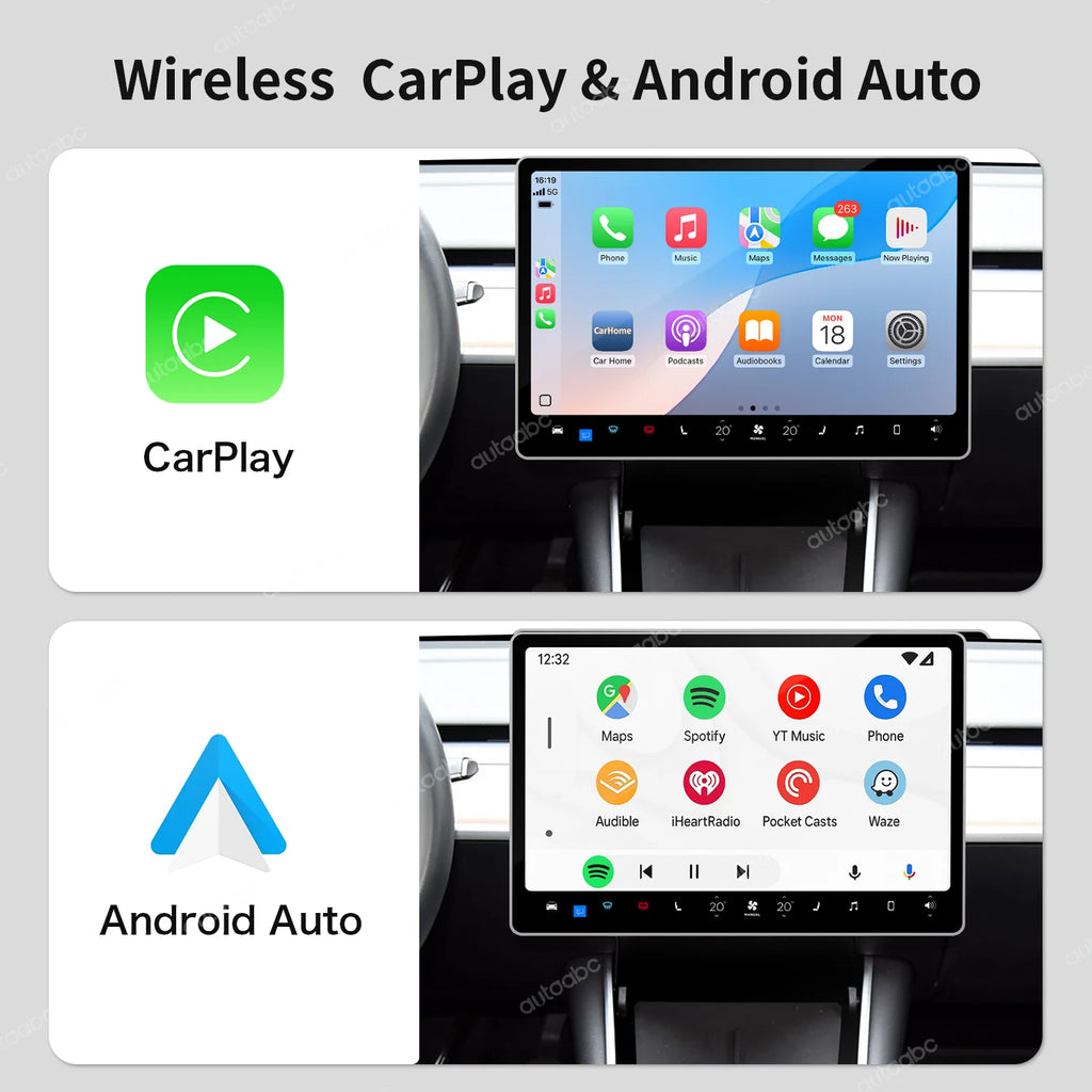 AUTOABC Wireless CarPlay Android Auto for Tesla Model 3 Model Y 2019-2024 Support for Aftermarket Cameras
