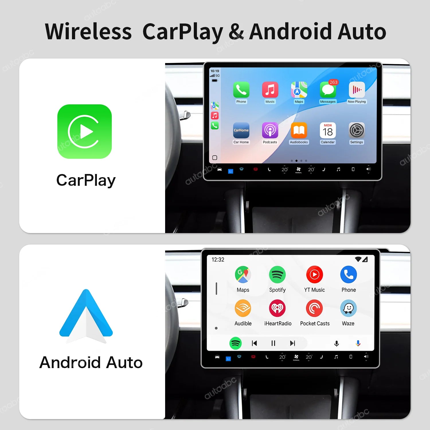AUTOABC Wireless CarPlay Android Auto for Tesla Model 3 Model Y 2019-2024 Support for Aftermarket Cameras