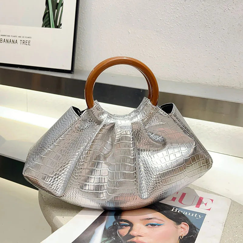New trendy fashion texture solid color shoulder handbag glossy alligator leather pleated handbag